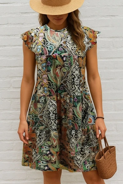 Kadın Kısa Kollu Kolları Fırfırlı Bisiklet Yakalı Kare Desenli Elbise - Resim 3