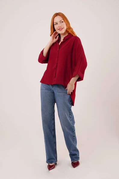 Yarasa Kol Rahat Kalıp Bordo Gömlek - Resim 4