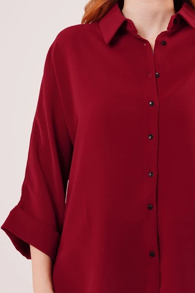 Yarasa Kol Rahat Kalıp Bordo Gömlek - Resim 3