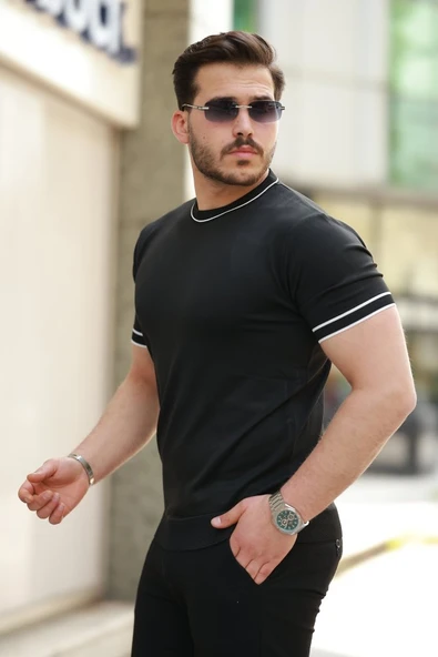 Erkek Bisiklet Yaka Ribanalı Kısa Kollu Tshirt - Resim 3