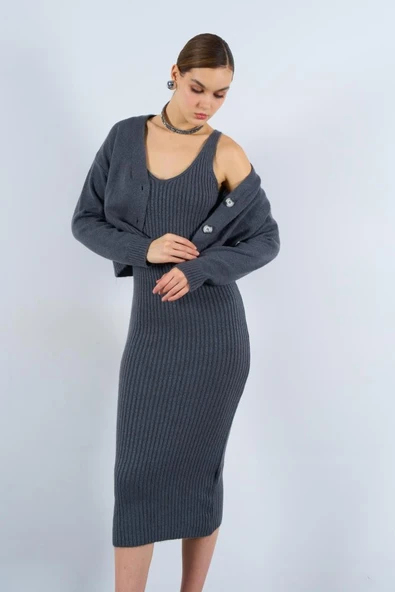 Fitilli Elbise Hırkalı Takım - Füme - Resim 3