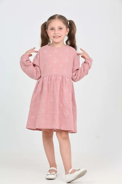 Toontoy Kız Çocuk Çiçek Nakışlı Elbise - 5