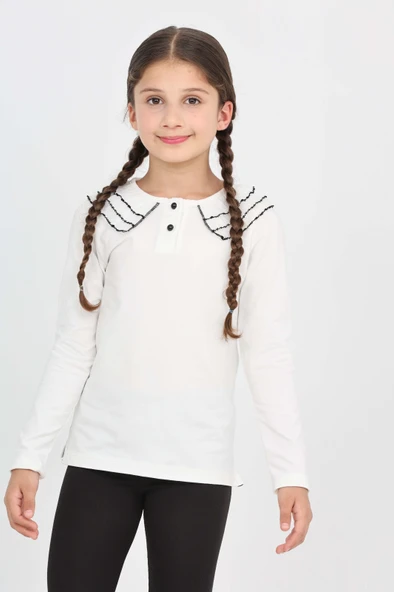 Toontoy Kız Çocuk Okul Yakası Güpürlü Tişört - 6
