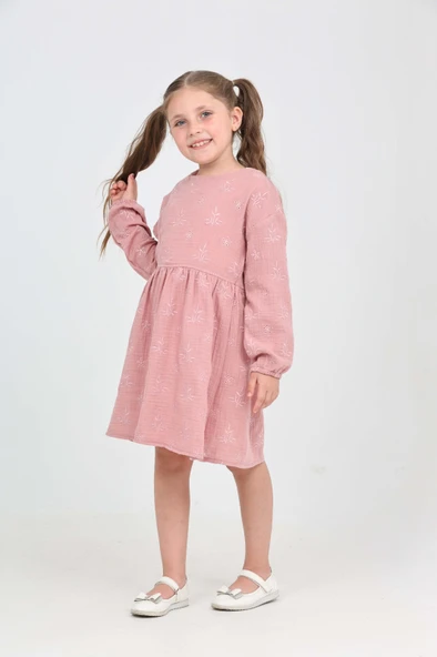 Toontoy Kız Çocuk Çiçek Nakışlı Elbise - 6