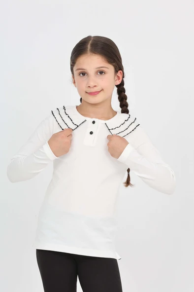 Toontoy Kız Çocuk Okul Yakası Güpürlü Tişört - 2