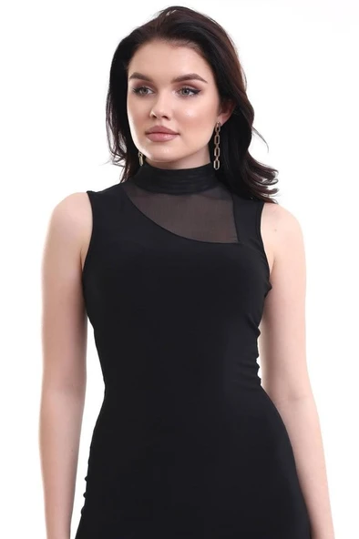 Kadın Yarım Balıkçı Yaka Tül Detaylı Sandy Kumaş Fırsat Ürün Diz Üstü Elbise - Resim 6