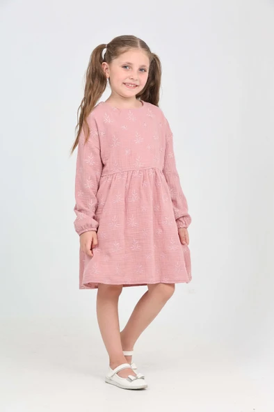 Toontoy Kız Çocuk Çiçek Nakışlı Elbise - 7