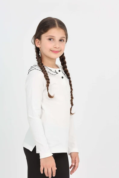 Toontoy Kız Çocuk Okul Yakası Güpürlü Tişört - 5