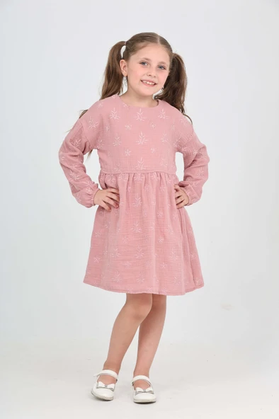 Toontoy Kız Çocuk Çiçek Nakışlı Elbise - 8