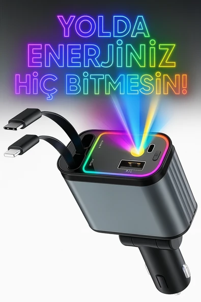 66W Led Işık Tavan Aydınlatmalı 4IN1 Çift Kablolu Hızlı Şarj 3.4A Araç İçi Çakmaklık Şarj Aleti - 1