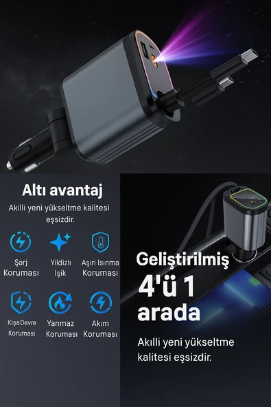 66W Led Işık Tavan Aydınlatmalı 4IN1 Çift Kablolu Hızlı Şarj 3.4A Araç İçi Çakmaklık Şarj Aleti - 6