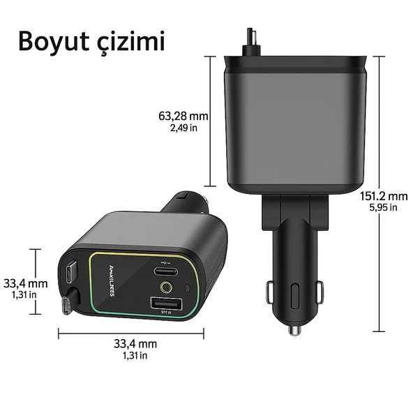 66W Led Işık Tavan Aydınlatmalı 4IN1 Çift Kablolu Hızlı Şarj 3.4A Araç İçi Çakmaklık Şarj Aleti - 3