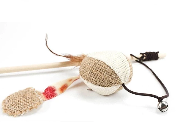 Top Figürlü Tahta Saplı Kedi Oltası 40 cm - Resim 2