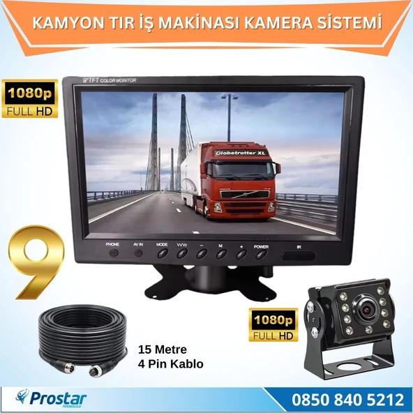 Kamyon Tır ve İş Makinaları için 9 inç AHD Monitörlü 1080P Full HD Kameralı Tak Kullan Set - 1