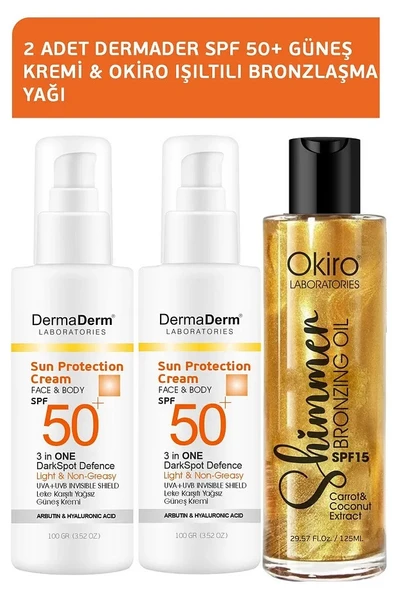 Dermaderm 2 Adet Spf 50+ Güneş Kremi 2X100ML. ve 1 Adet Okiro Shimmer Işıltılı Bronzlaşma Yağı 100ML. Set