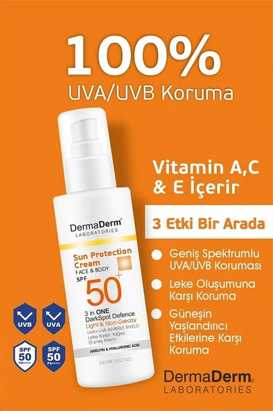 Dermaderm 2 Adet Spf 50+ Güneş Kremi 2X100ML. ve 1 Adet Okiro Shimmer Işıltılı Bronzlaşma Yağı 100ML. Set - 2