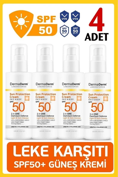 Dermaderm 4 Adet SPF 50+ Güneş Koruma Leke ve Kırışıklık Karşıtı Yüz ve Vücut Güneş Kremi 4 x 100 gr.