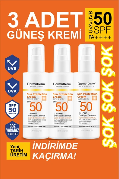 Dermaderm 3 Adet SPF 50+ Güneş Koruma Leke ve Kırışıklık Karşıtı Yüz ve Vücut Güneş Kremi 3 x 100 gr.