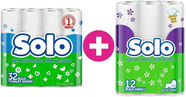 Solo Tuvalet Kağıdı Çift Katlı 32 Li Paket + 12 Li Kağıt Havlu Kağıt Kapak ürün görseli