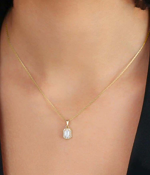 925 Ayar Gümüş Baget Taşlı Altın Kaplama Kadın Kolye - Resim 2