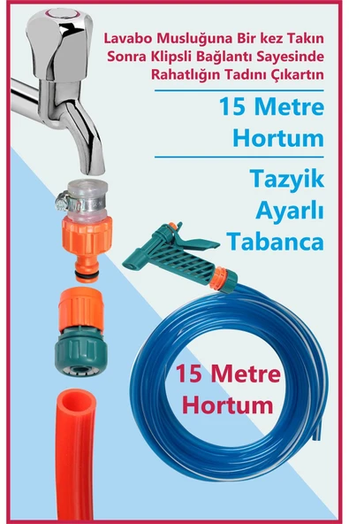 sayım plastik 15 Metre Hortumlu Bahçe Ve Balkon Yıkama Seti + Ayarlı Tabanca + Musluk Bağlantıları - 2
