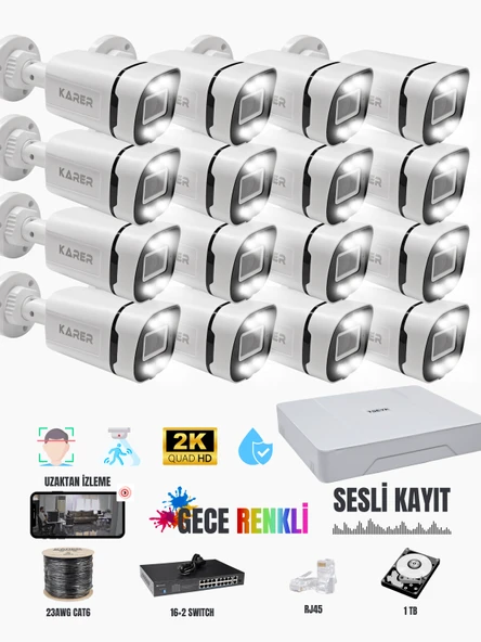 Karer 16’lı 2K Sesli IP Güvenlik Kamerası Seti – 1TB HDD, 305m CAT6, Gece Renkli, Uzaktan İzleme