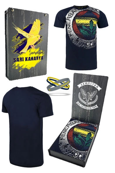 Fenerbahçe Orijinal Lisanslı Tribün 6 Renk Logolu Spor T-Shirt+ Bileklik Set Hediyelik Ahşap Kutulu