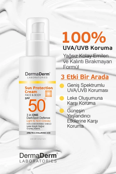Dermaderm 2 Adet SPF 50+ Güneş Koruma Leke ve Kırışıklık Karşıtı Yüz ve Vücut Güneş Kremi 2 x 100 gr. - 4