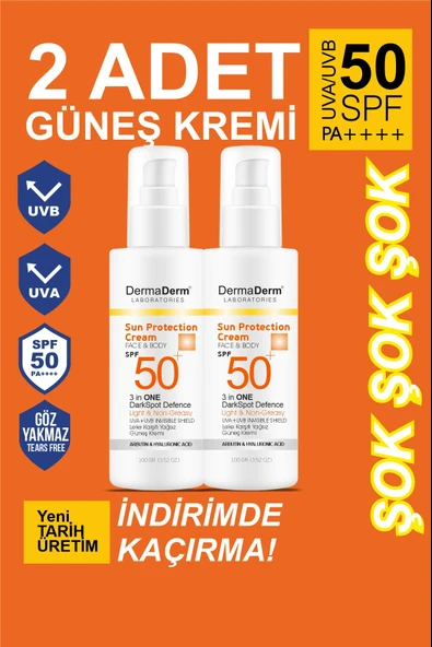Dermaderm 2 Adet SPF 50+ Güneş Koruma Leke ve Kırışıklık Karşıtı Yüz ve Vücut Güneş Kremi 2 x 100 gr.