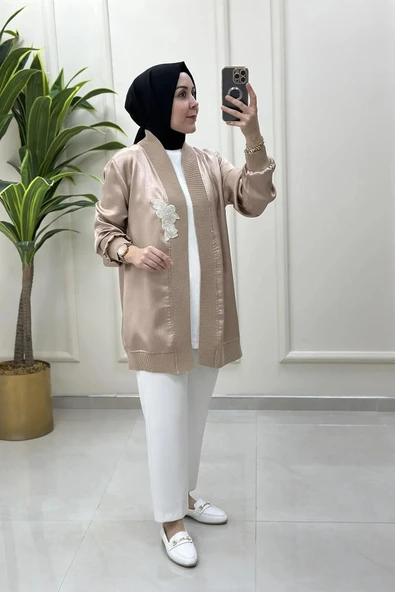 Düşük Omuz Yaka İşleme Detaylı Ribanalı Kadın Hırka Vizon Düşük Omuz Yaka İşleme Detaylı Ribanalı Kadın Hırka Vizon 25Y01R - 5