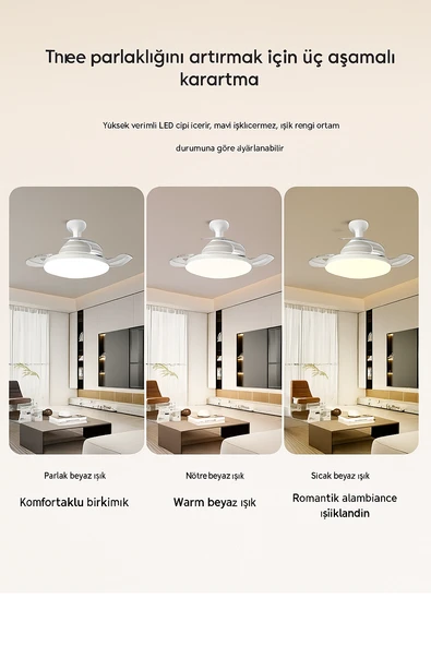 QASUL LED Işıklı Katlanabilir Akıllı Tavan Vantilatörü  Sessiz Fan & Kumandalı Aydınlatma - 4