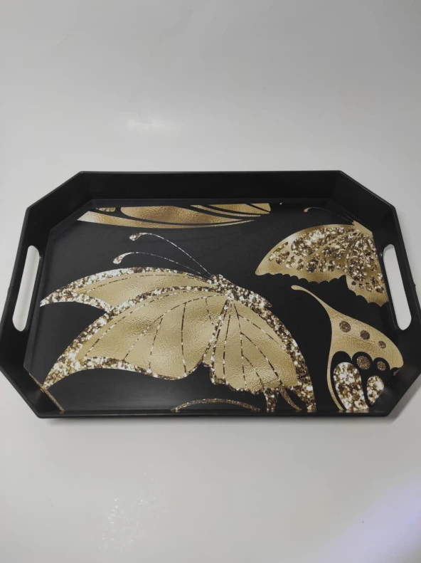 Modern Ethnic Siyah Yaldız Desenli Pleksi Servis Sunum Tepsisi 33*23 Cm Çay Kahve Tepsisi
