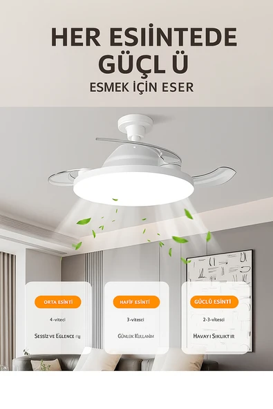 QASUL LED Işıklı Katlanabilir Akıllı Tavan Vantilatörü  Sessiz Fan & Kumandalı Aydınlatma - 3