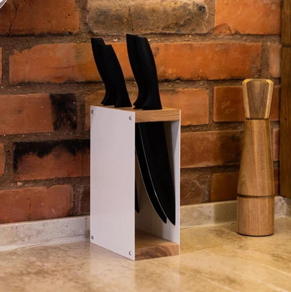 Doğal Ahşap Metal Bıçak Standı, Mutfak Bıçak Rafı, Bıçak Standı (Bıçak Dahil Değildir) - 3