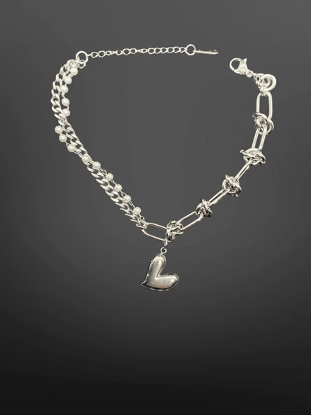 Gümüş Renk Kalp Figürlü İnci ve Zincir Detaylı 316L Çelik Bileklik  | Zarif ve Modern ürün görseli 1