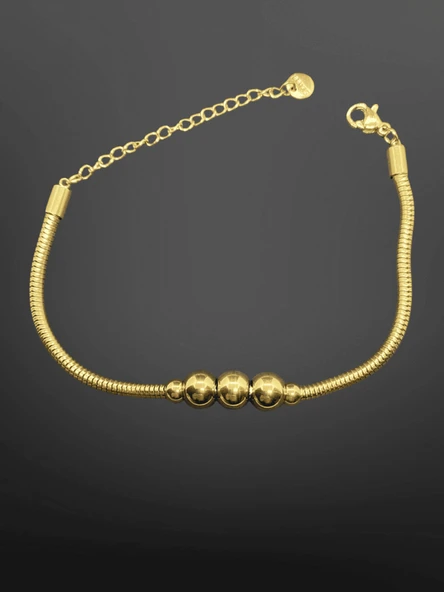 Gold Renk Yılan Zincir Üç Boncuk Detaylı 316L Çelik Bileklik  | Zarif ve Modern ürün görseli 1