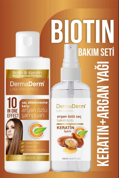 Dermaderm Argan Yağlı Biotin ve Keratinli Bitkisel Saç Bakım Seti(Argan Özlü Şampuan ve Saç Bakım Sütü) 2 x 250 ml.