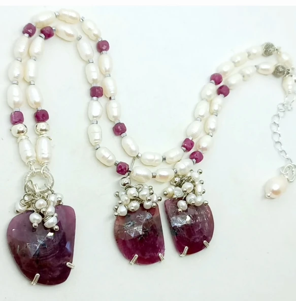 1932 Kök Safir doğal kültür arpa İnci el yapımı kolye - 1