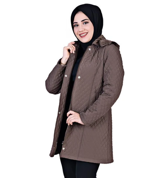 Kapüşonlu Kapitone Tesettür Mont Kahverengi - 2