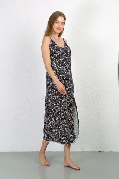 Moda Çizgi İp Askılı Uzun Yırtmaçlı Penye Gecelik 90129 Lacivert - 3