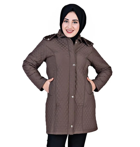 Kapüşonlu Kapitone Tesettür Mont Kahverengi