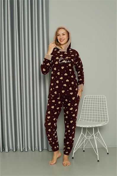 Moda Çizgi Welsoft Polar Kadın Kapşonlu Pijama Takımı 8513 - 4