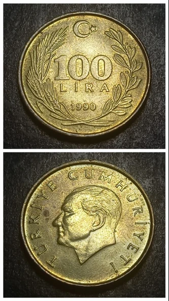 Escoines Koleksiyon 39963687b0c58943dc 1990 Pirinç 100Lira ÇA/ÇİL Eski Madeni Para ürün görseli 1