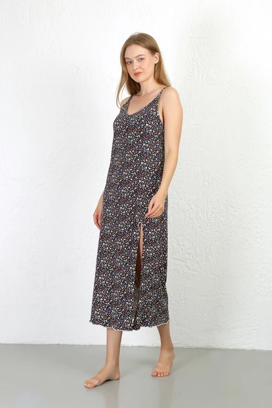 Moda Çizgi İp Askılı Uzun Yırtmaçlı Penye Gecelik 90129 Lacivert - 5