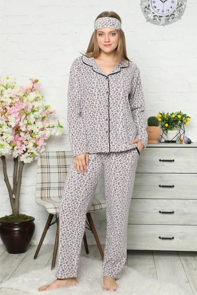 Moda Çizgi Polar Önden Düğmeli Kadın Pijama Takımı 8082 - 2