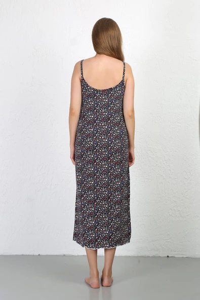 Moda Çizgi İp Askılı Uzun Yırtmaçlı Penye Gecelik 90129 Lacivert - 6