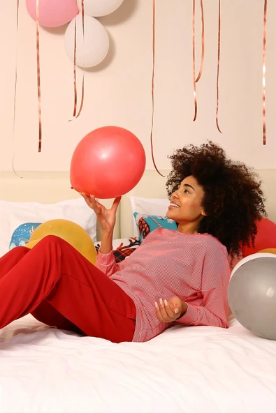 Moda Çizgi Kadın Uzun Kol 3 İplik Penye Pijama Takım 4184 - Resim 4