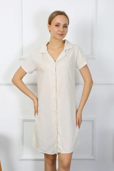 Moda Çizgi Kadın Pamuk Keten Kısa Kol Düğmeli Krem Tunik Gecelik 13108 - 2