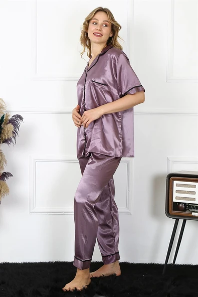 Moda Çizgi Kadın Büyük Beden Mor Saten Pijama Takımı 10303 - 2