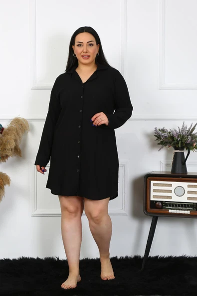 Moda Çizgi Kadın Büyük Beden Pamuk Düğmeli Uzun Kol Siyah Tunik Gecelik 12204 - 3